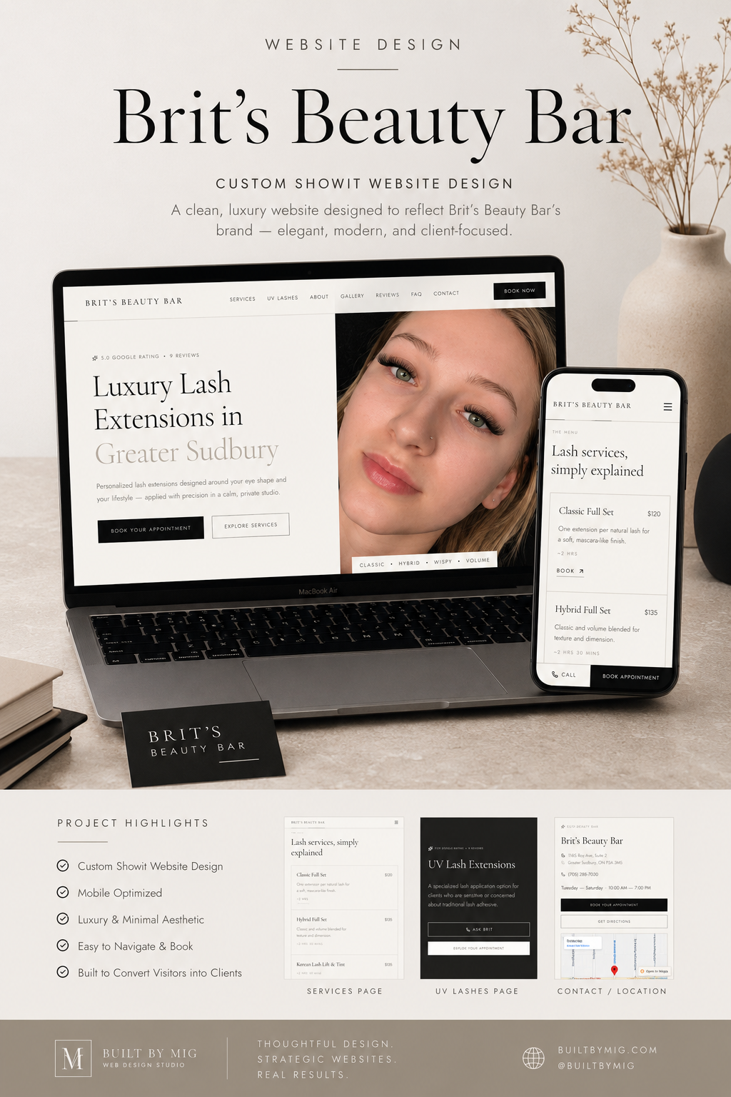 Brit's Beauty Bar luxury lash studio website homepage designed by Built by Mig